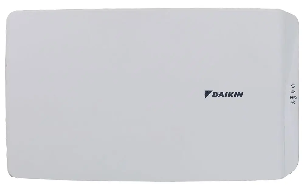 Weißer LAN-Adapter von Daikin zur Verbindung von Geräten mit dem Internet, rechteckige Form und glatte Oberfläche, ohne sichtbare Anschlüsse oder Knöpfe.